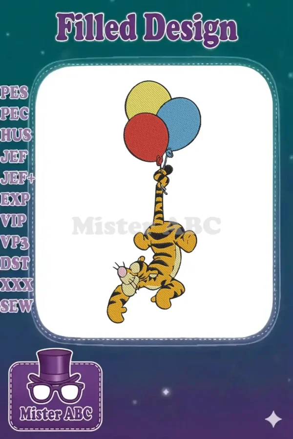 Tigger from Winnie the Pooh, an embroidery design, playfully hanging from three vibrant balloons. Perfect for whimsy.