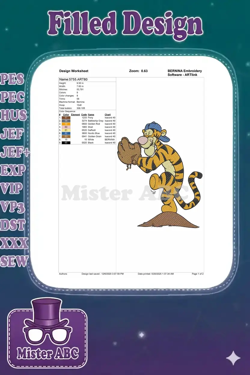 An embroidery design worksheet showing Tigger playing baseball, with detailed specifications like height, width, stitch count, colors, and thread color sequence chart.