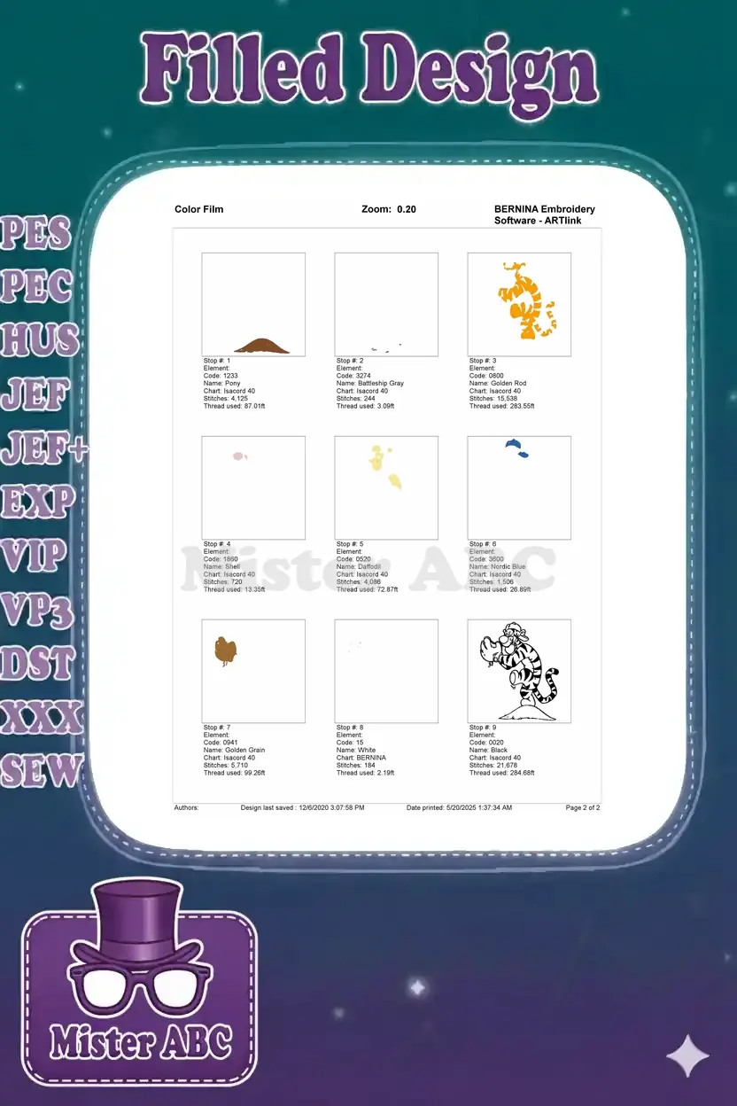 A color film document demonstrating the stitch-out sequence for the Tigger baseball embroidery design, showing each color layer and stitch count.