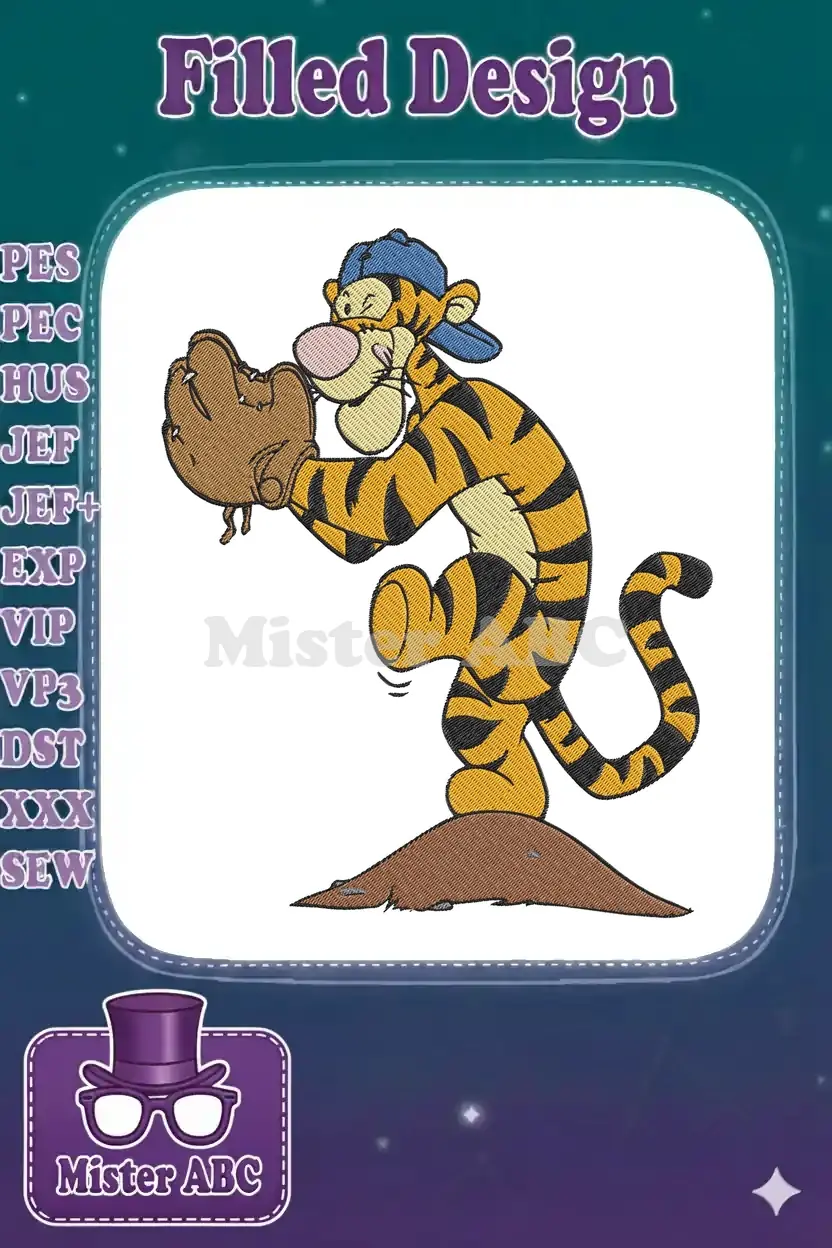 A lively embroidery design of Tigger from Winnie the Pooh, wearing a blue baseball cap and brown glove, ready to play baseball, standing on a dirt mound.