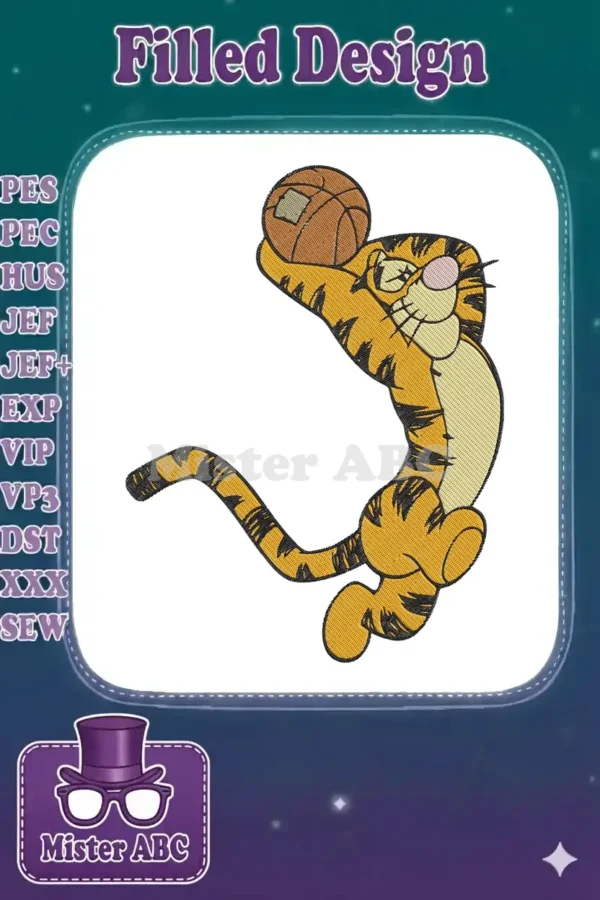Vibrant Tigger embroidery design mid-dunk with a basketball, showcasing detailed stitching and playful energy.