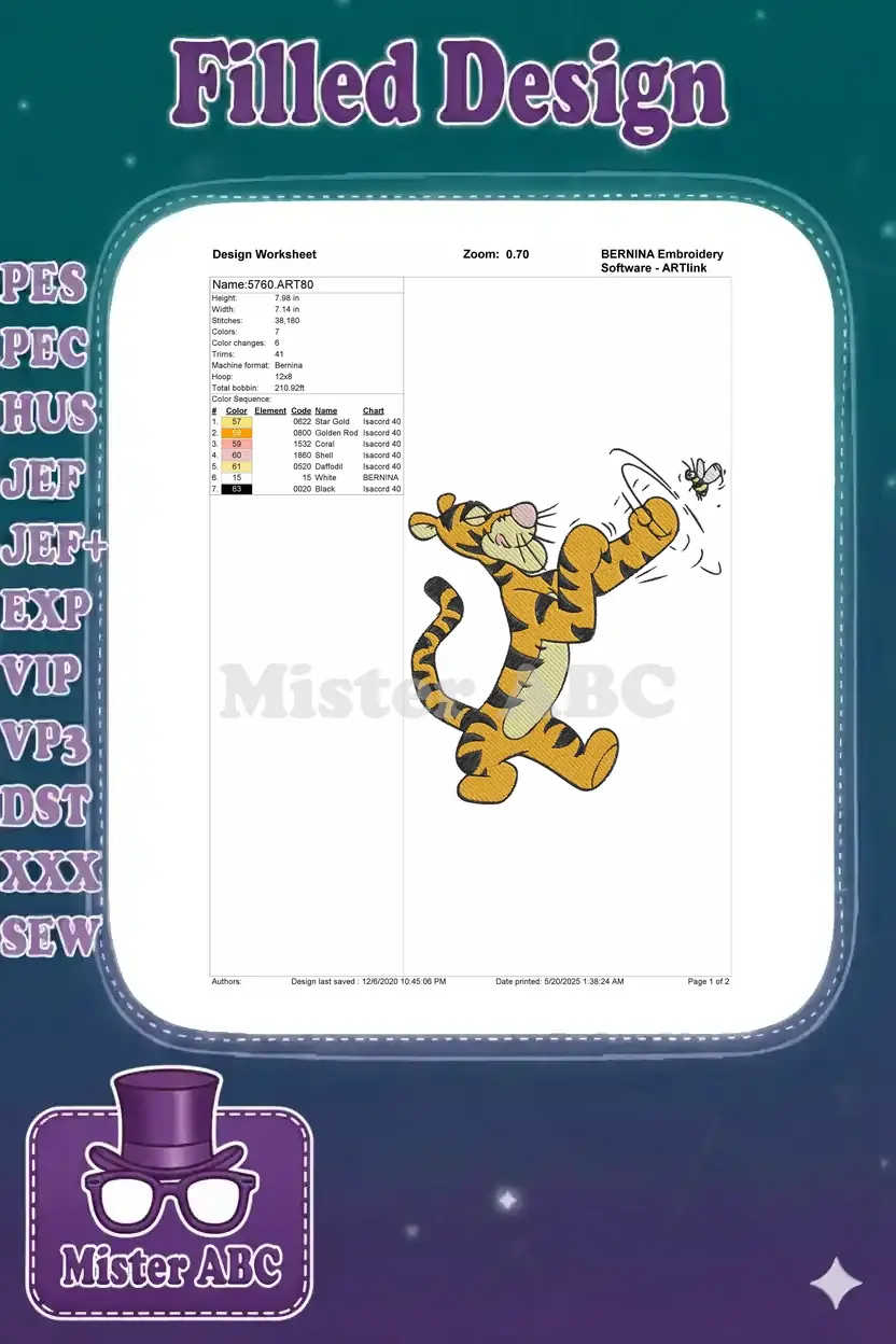Detailed embroidery design worksheet for Tigger, showing dimensions, stitch count, colors, and thread codes.