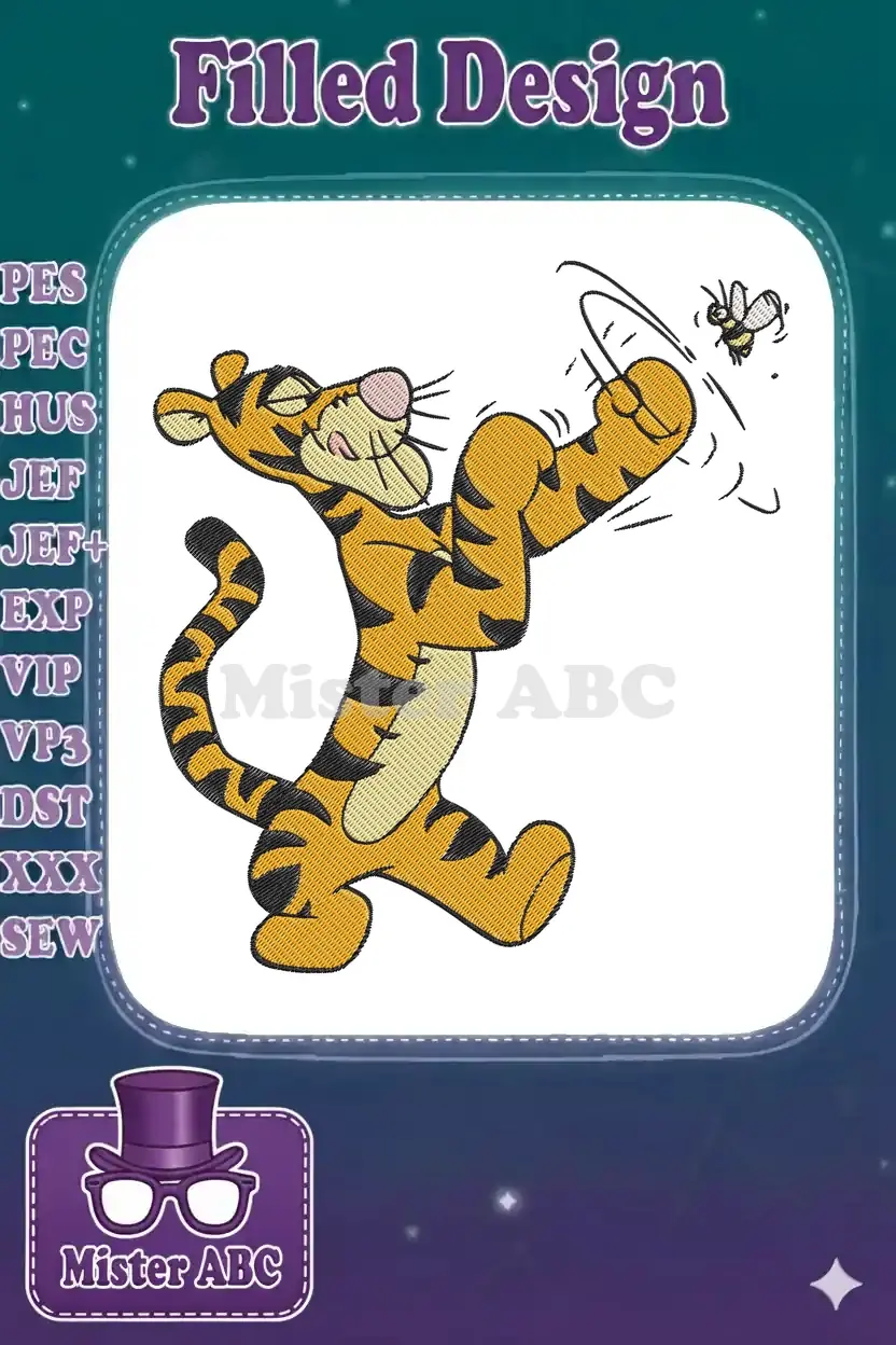 Vibrant Tigger embroidery design, playfully swatting a bee with dynamic motion. Perfect for children's items.