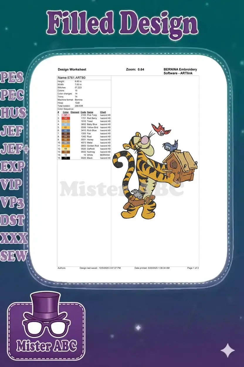 Embroidery design worksheet for Tigger, showing dimensions, stitch count, color sequence, and machine compatibility.