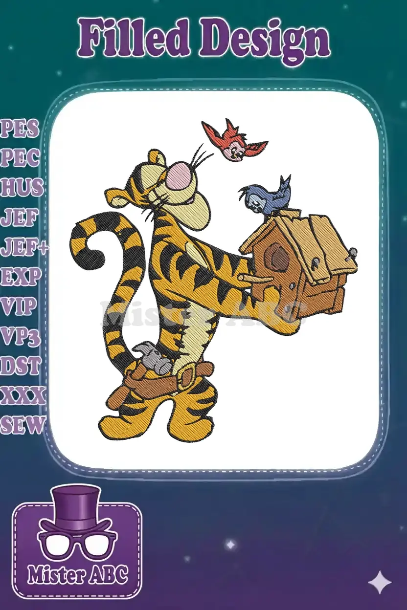 Vibrant Tigger embroidery design with a birdhouse and two birds, showcasing detailed fill stitches and bold outlines.
