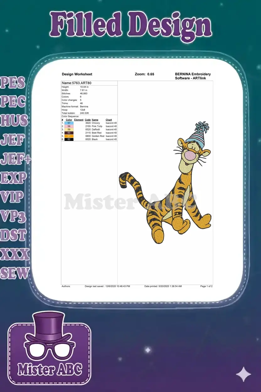 An embroidery design worksheet for Tigger, showing dimensions, stitch count, color sequence, and thread codes for the design.