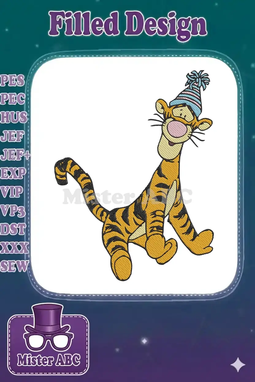 A vibrant embroidery design of Tigger from Winnie the Pooh, happily bouncing and wearing a blue and pink striped party hat.