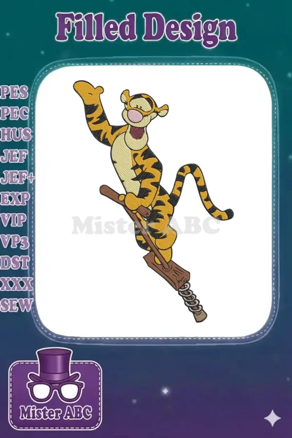 Vibrant Tigger embroidery design bouncing on a pogo stick, showcasing detailed stitching and lively colors.