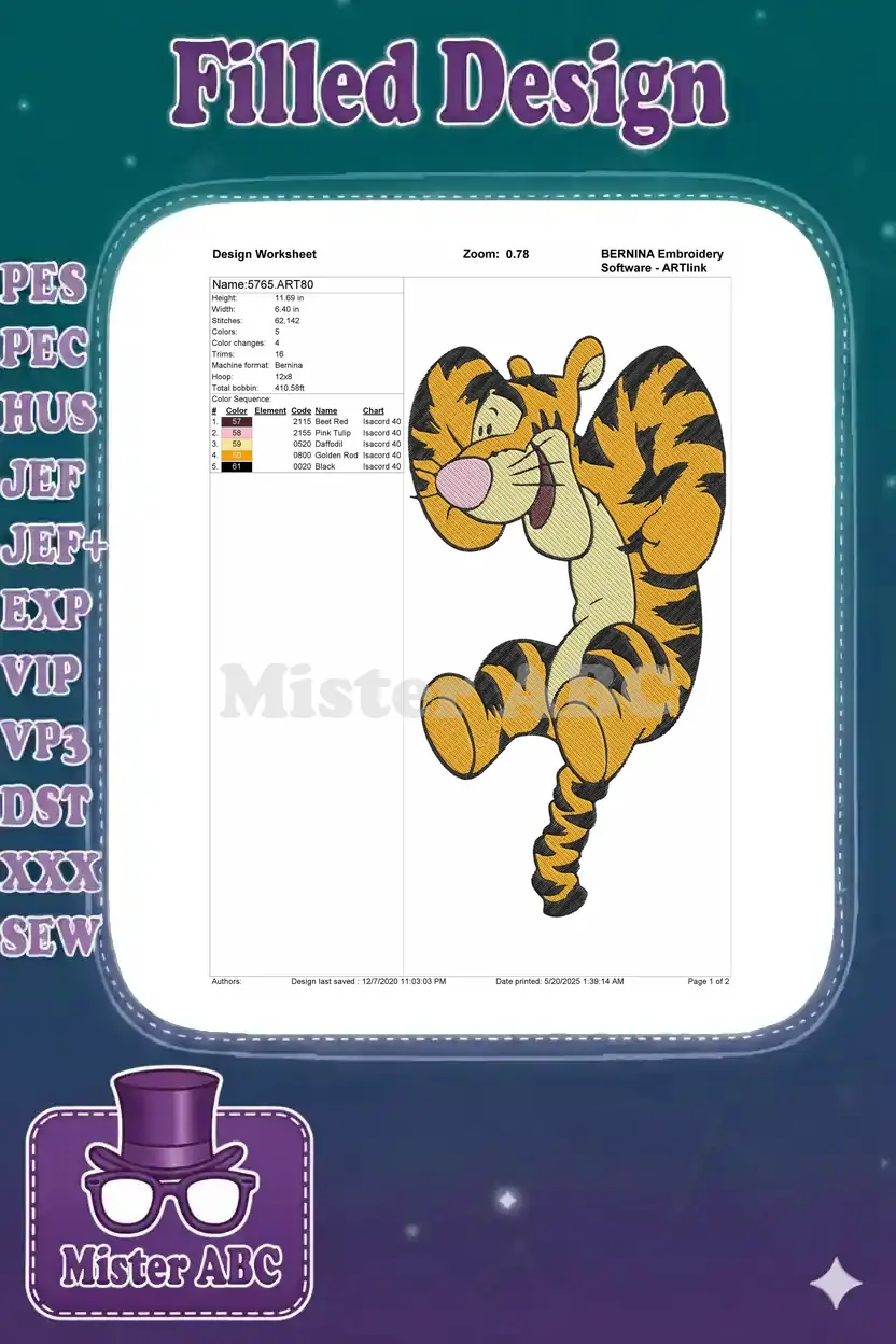 Embroidery design worksheet for Tigger, showing dimensions, stitch count, color sequence, and thread details.