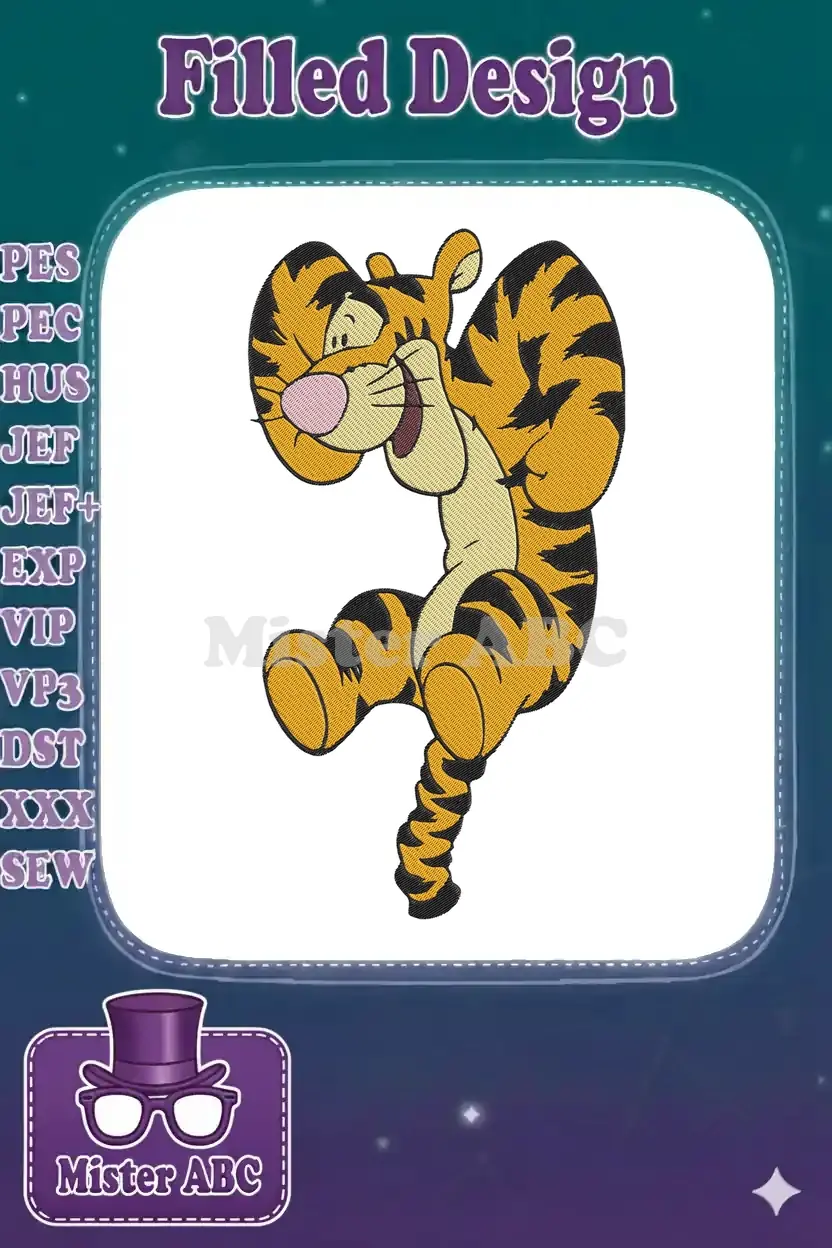 A vibrant, playful Tigger embroidery design, featuring the beloved character mid-bounce with a wide, happy grin.