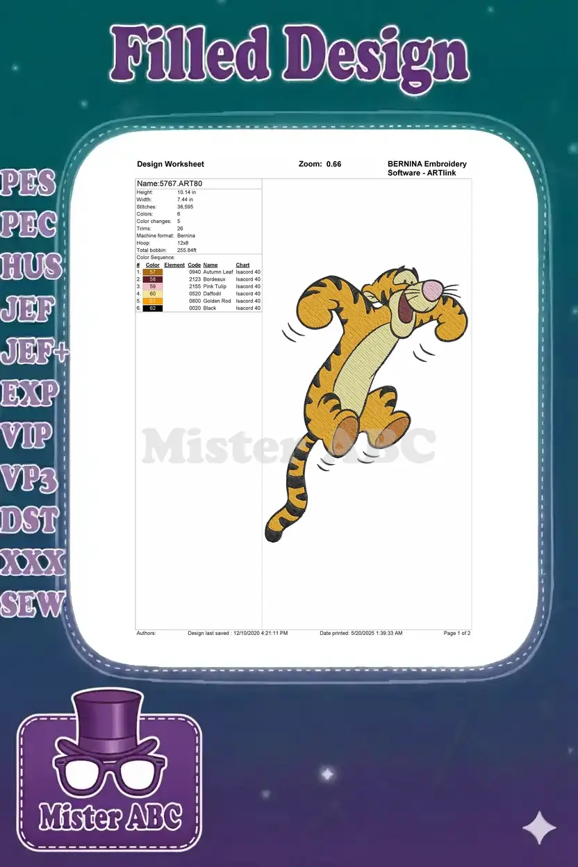 Embroidery design worksheet for Tigger, detailing dimensions, stitch count, color sequence, and thread codes.