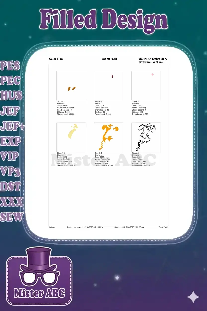 Color film breakdown for Tigger embroidery, showing each of the 6 color elements with stitch counts and thread usage.