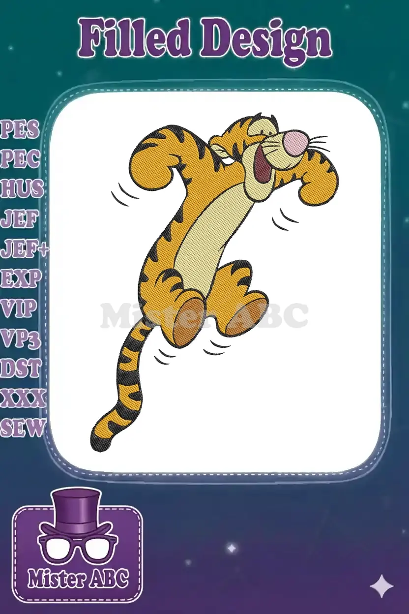 Vibrant embroidery design of Tigger from Winnie the Pooh, captured mid-bounce with a joyful expression.