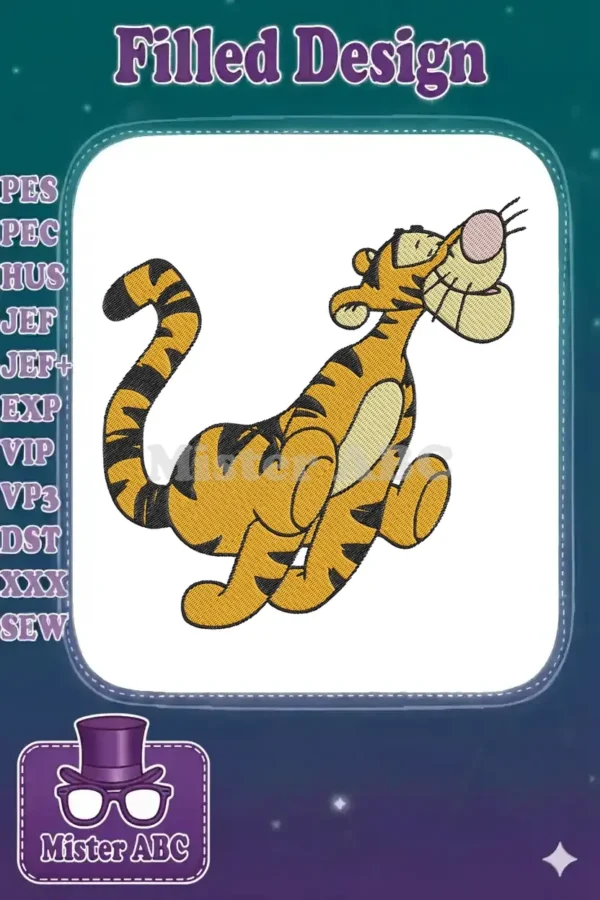A vibrant embroidery design featuring Tigger from Winnie the Pooh in a playful, bouncing pose, ready for stitching.