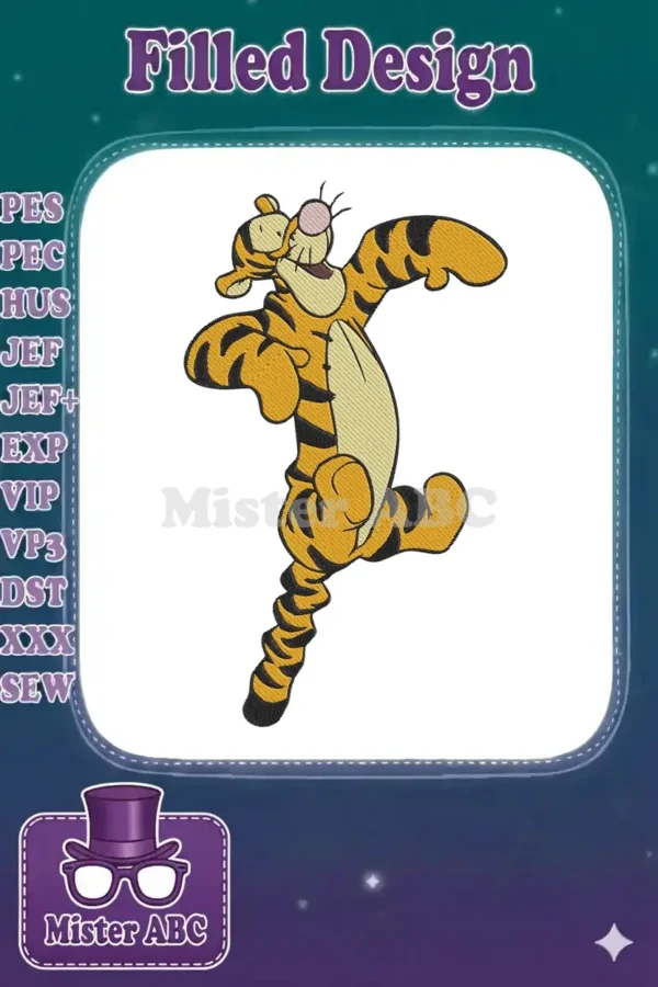Vibrant machine embroidery design of Tigger from Winnie the Pooh, captured mid-leap with joyful expression.