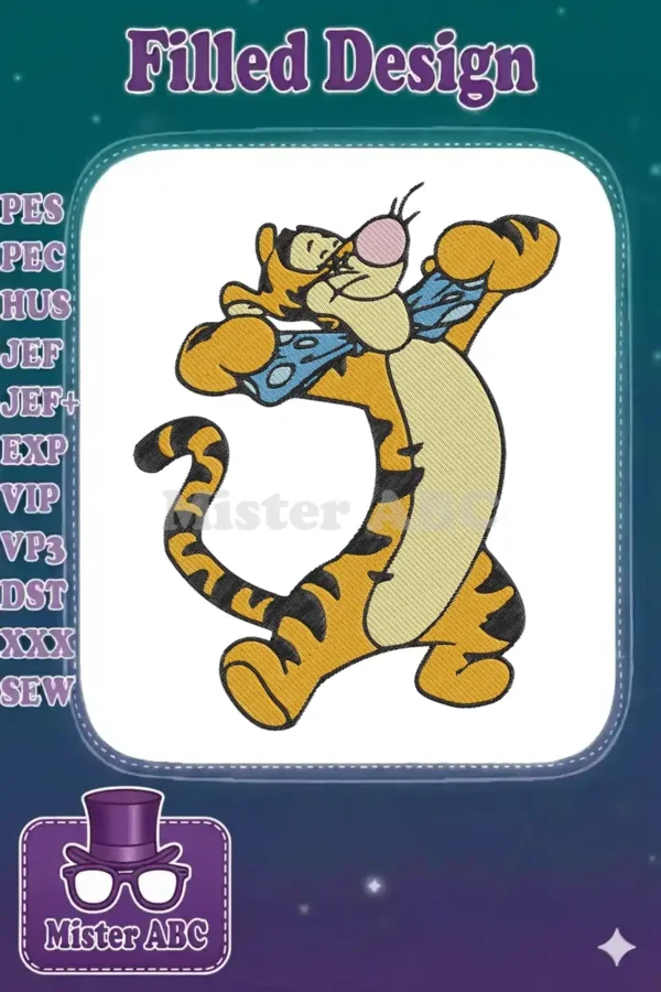 Embroidered Tigger design, showing Tigger holding a small Tigger, full of joy and vibrant orange and black colors.