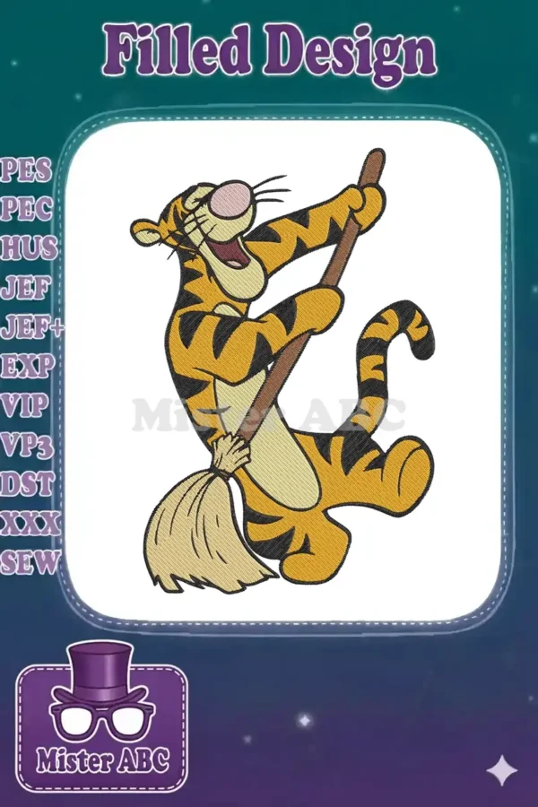 Vibrant Tigger embroidery design, joyfully bouncing with a broom, showcasing intricate details and rich textures.