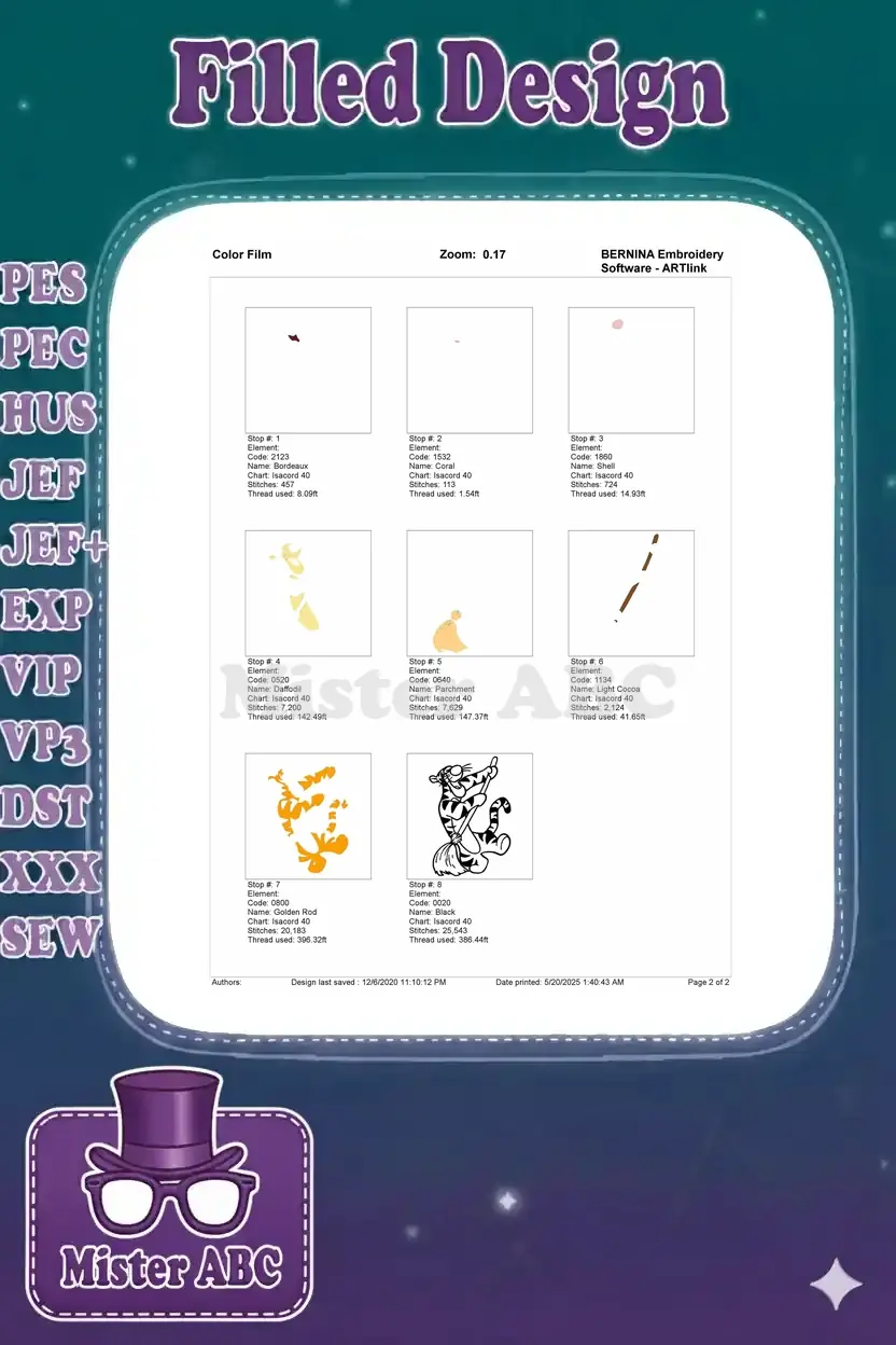 Detailed color film breakdown for Tigger embroidery, showing each stitch stop and thread usage per color.