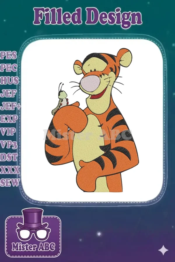 Adorable Tigger embroidery design, smiling and holding a small green caterpillar on his paw, full of playful charm.