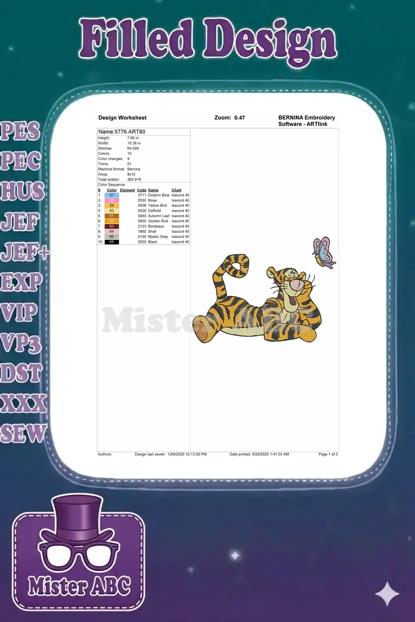 Embroidery design worksheet for Tigger and butterfly, showing dimensions, stitch count, and color sequence.