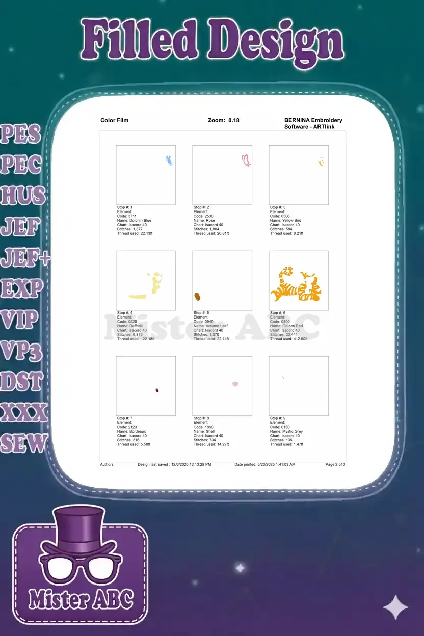 Color film breakdown of the Tigger embroidery design, illustrating the first nine stitching steps and colors.