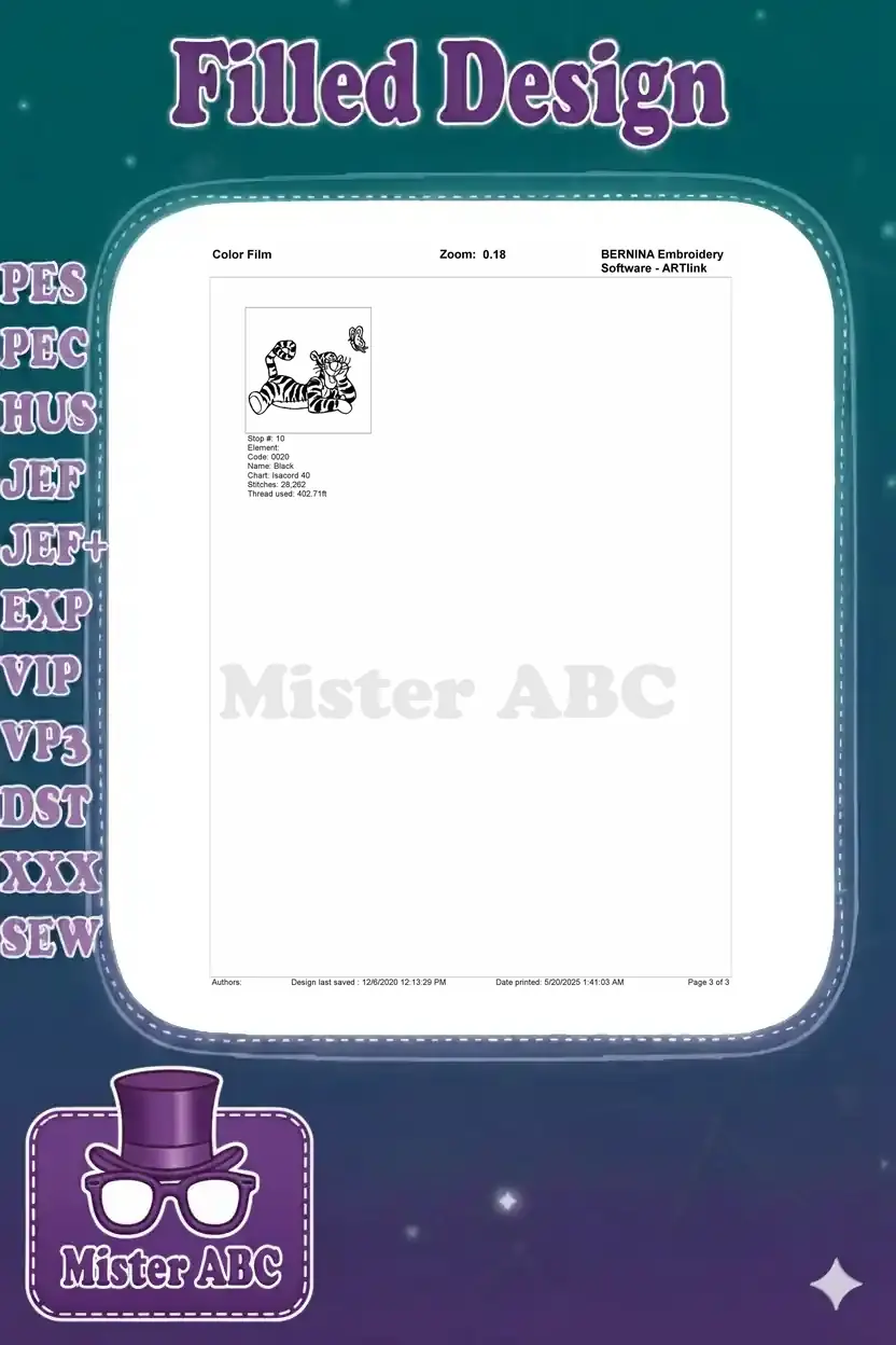 Final color film stop for the Tigger embroidery design, showing the complete black outline and details.