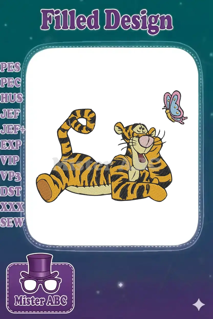 A vibrant embroidery design featuring Tigger from Winnie the Pooh, playfully lying down with a butterfly.