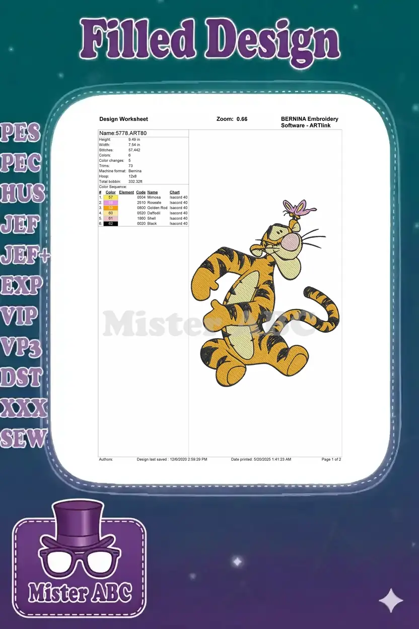 Embroidery design worksheet for Tigger, showing dimensions, stitch count, color sequence, and machine compatibility.