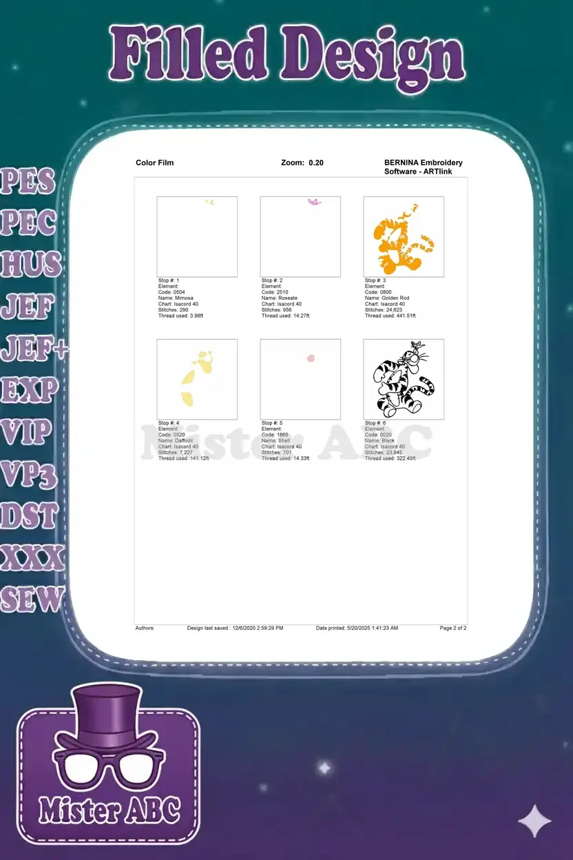 Color film breakdown of the Tigger embroidery design, illustrating each color stop and its stitch sequence.