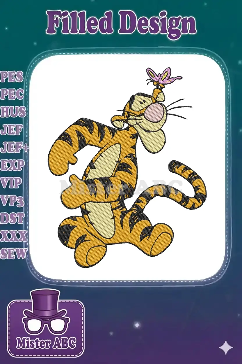 Vibrant Tigger embroidery design, bouncing with a butterfly on his nose, showcasing detailed stitching and lively colors.