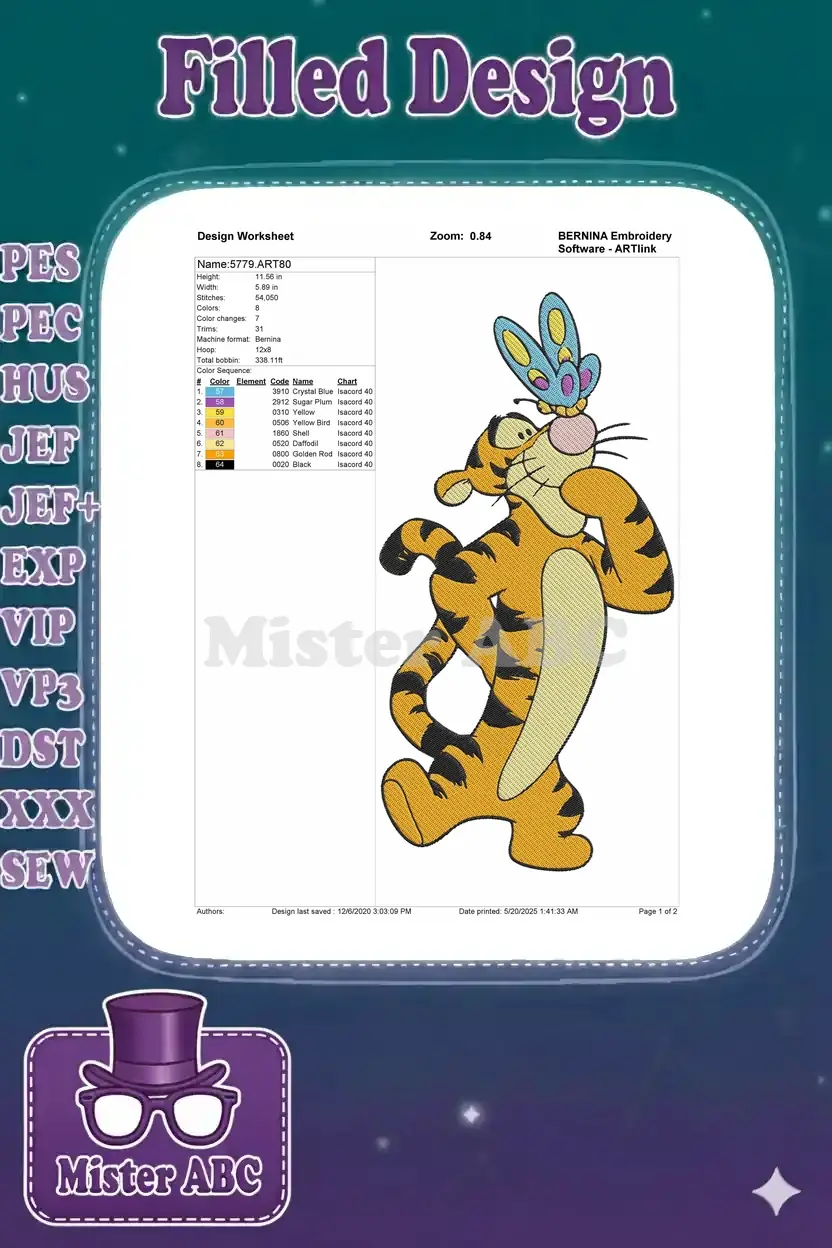 Embroidery design worksheet for Tigger and butterfly, showing dimensions, stitch count, and color sequence.