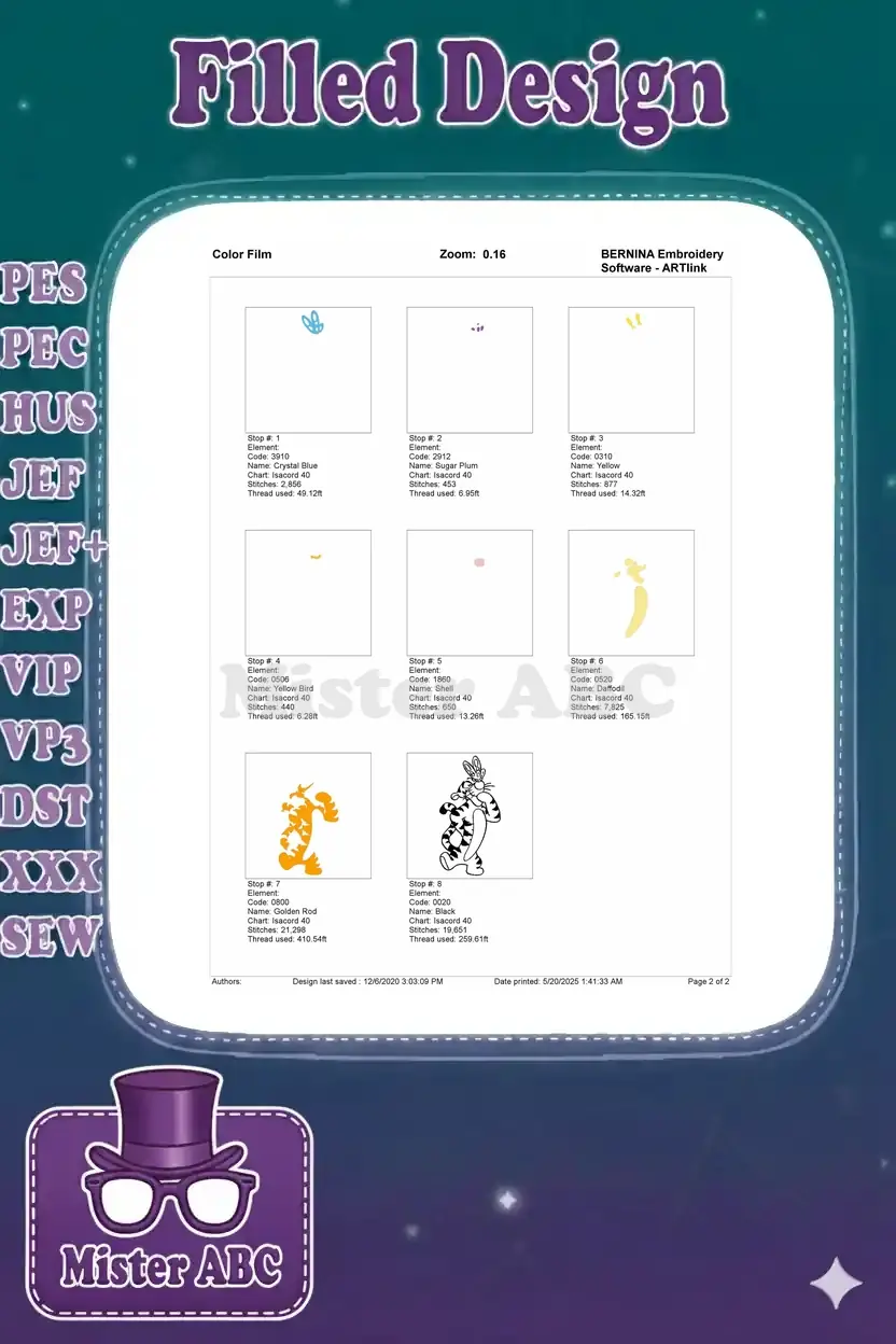 Color film showing stitch-by-stitch breakdown and thread usage for the Tigger butterfly embroidery design.