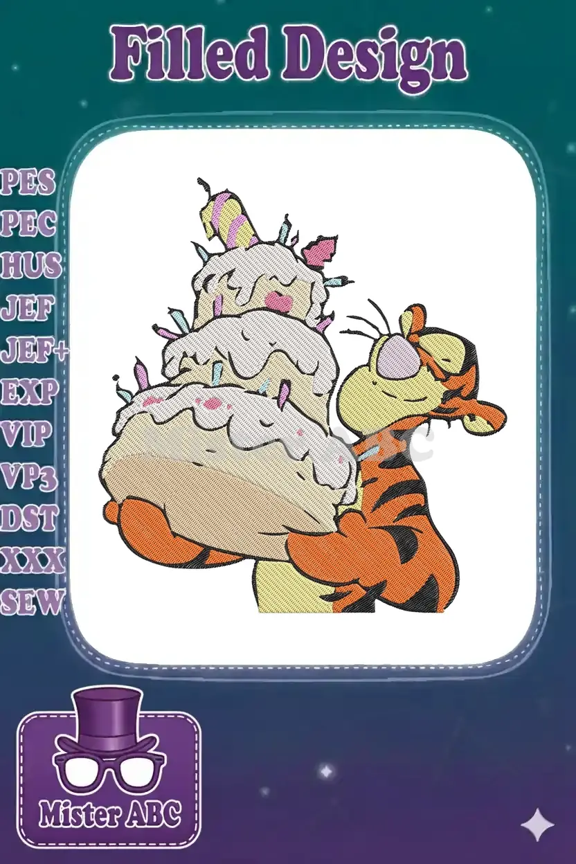 Joyful Tigger embroidery design holding a multi-tiered birthday cake with colorful candles, perfect for celebrations.