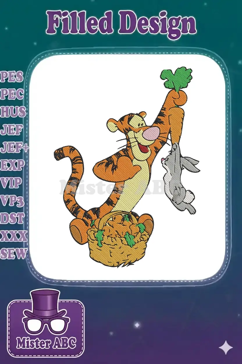 Tigger joyfully holds a carrot aloft while a small rabbit clings to it, with a basket of carrots nearby.