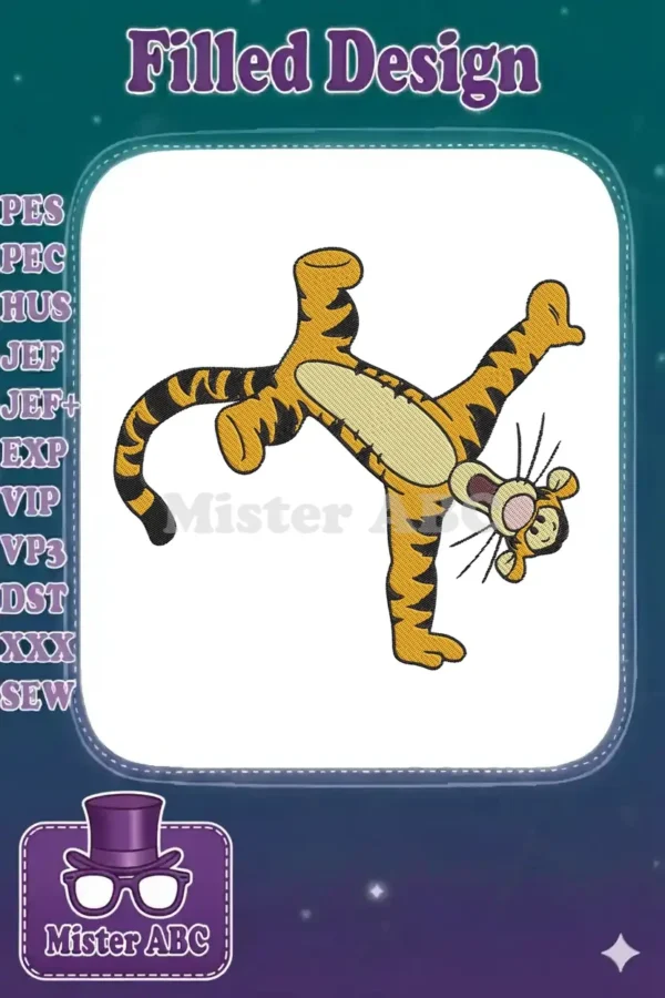 Dynamic embroidery design of Tigger from Winnie the Pooh striking a playful, acrobatic handstand pose.