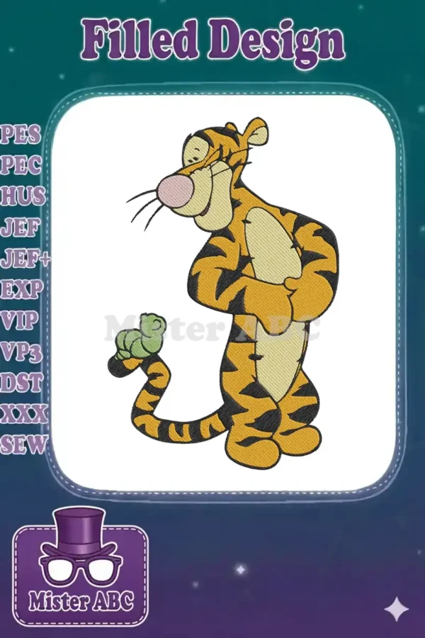 Full-body embroidery design of Tigger from Winnie the Pooh, standing playfully with arms crossed, featuring vibrant orange and black stripes.