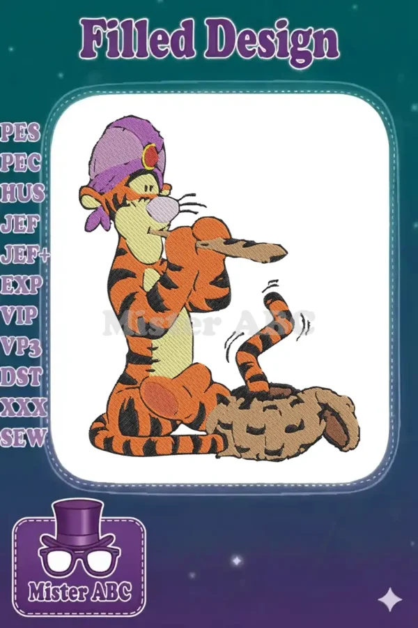Tigger from Winnie the Pooh, dressed as a genie in a purple turban, playing a flute, in a detailed embroidery design.