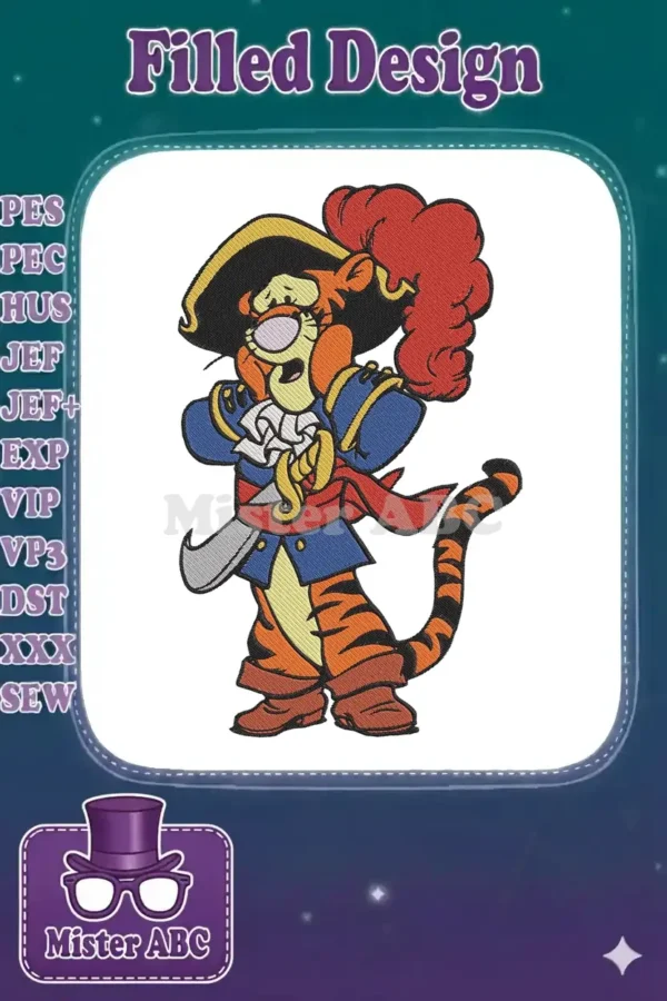 Detailed embroidery of Tigger from Winnie the Pooh, dressed as a swashbuckling pirate with a feathered hat and saber.