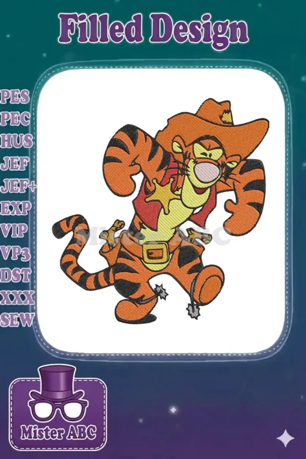 Full-color embroidery design of Tigger from Winnie the Pooh, dressed as a cowboy with a hat, vest, and spurs.