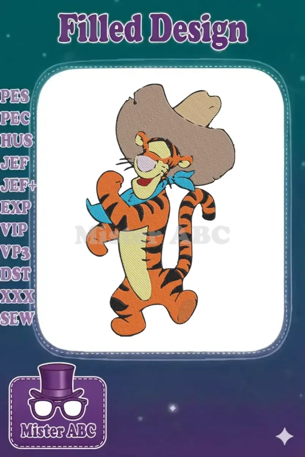 Vibrant Tigger embroidery design, dressed as a cowboy with a brown hat and blue bandana, ready for fun.
