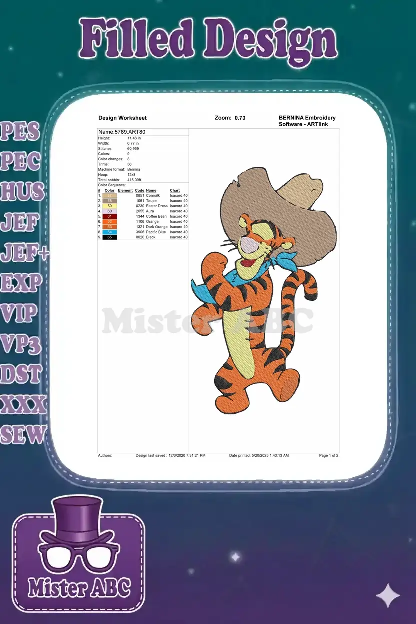 Embroidery design worksheet for Tigger cowboy, detailing dimensions, stitch count, colors, and thread chart.