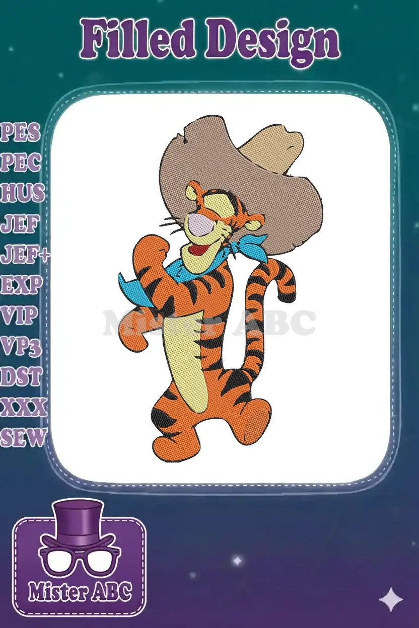 Vibrant Tigger embroidery design, dressed as a cowboy with a brown hat and blue bandana, ready for fun.