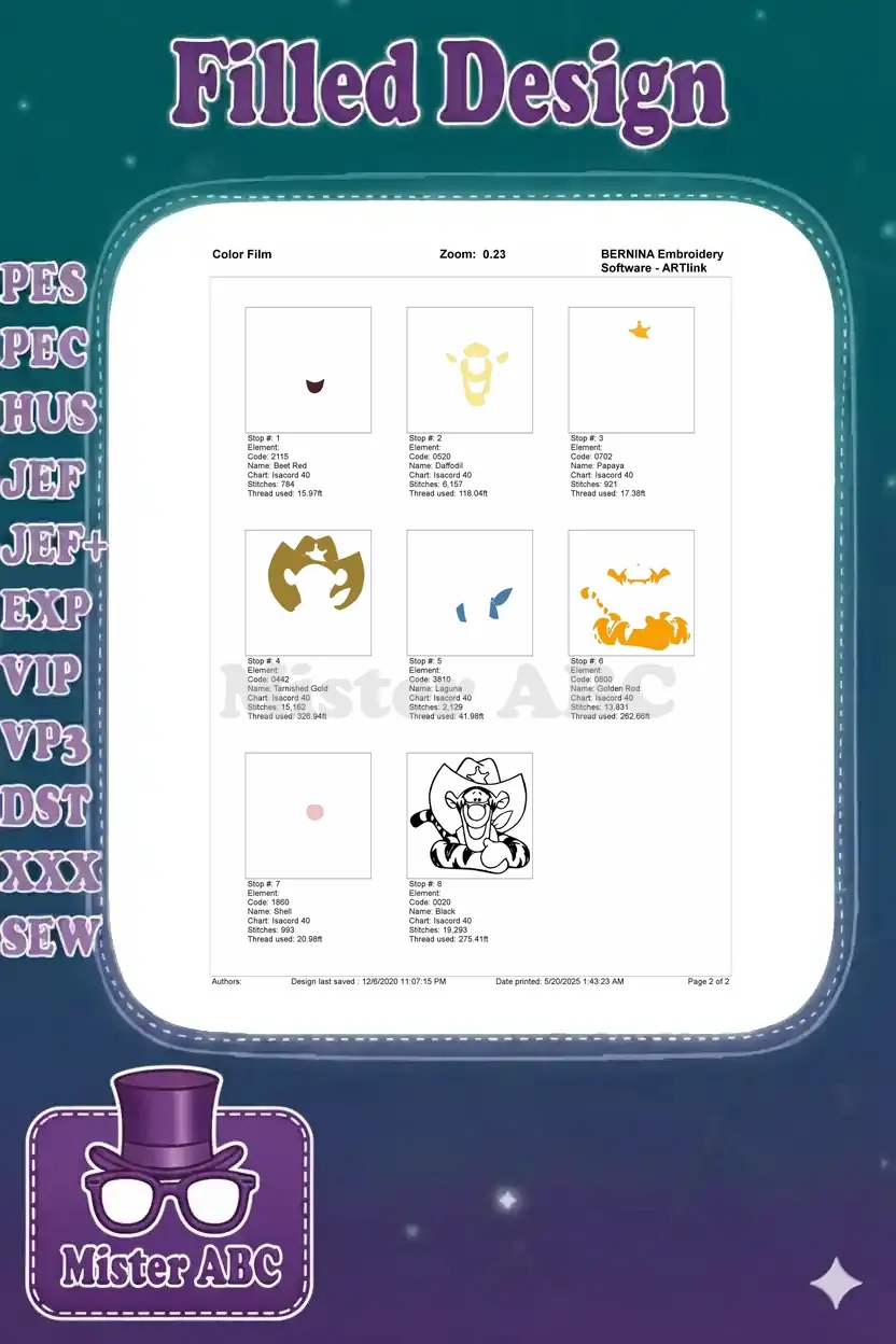 Color film breakdown for Tigger cowboy embroidery, illustrating each stitch stop, thread color, and stitch count sequence.