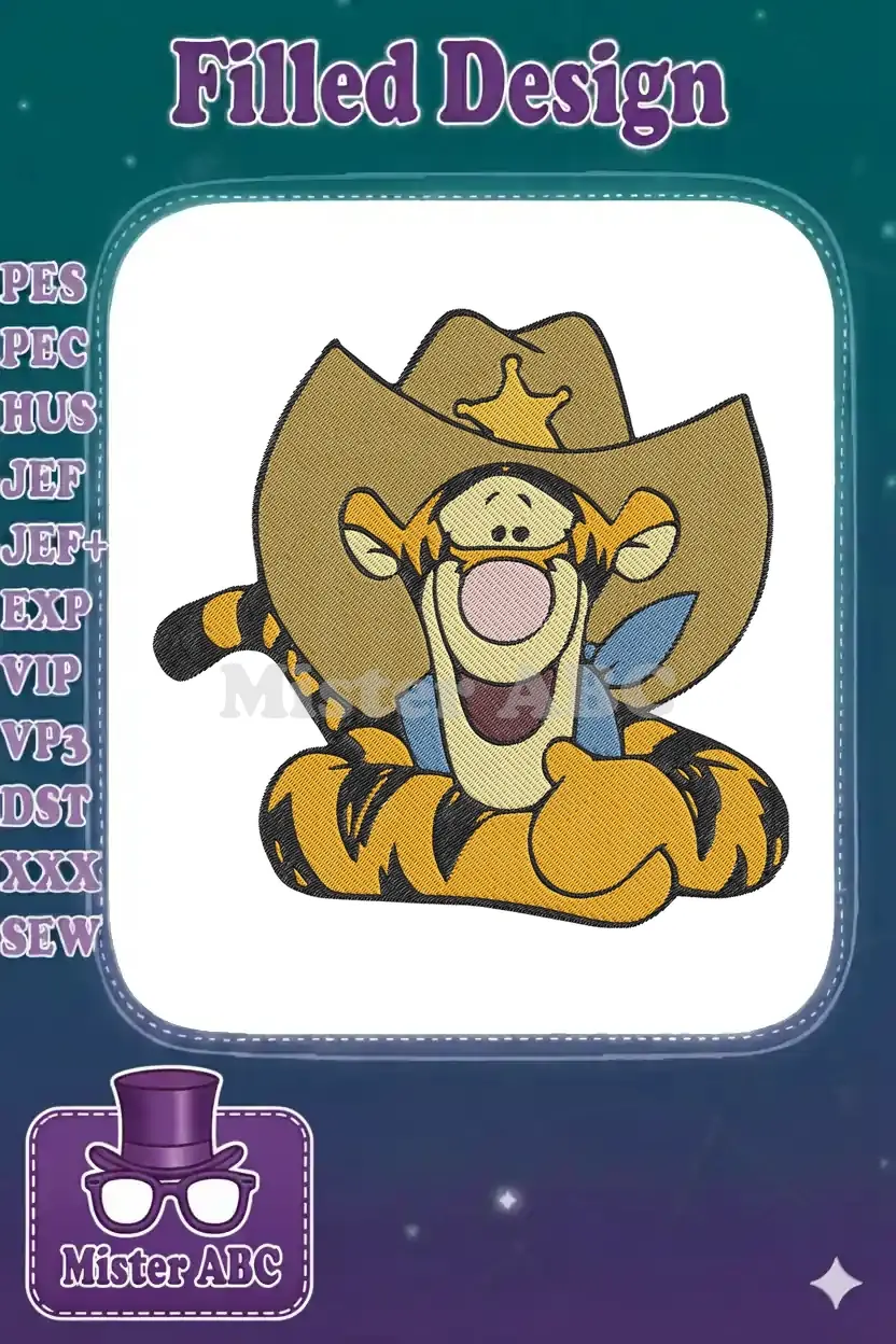 Close-up of a cheerful Tigger embroidery design, wearing a brown cowboy hat with a gold sheriff star and blue bandana.