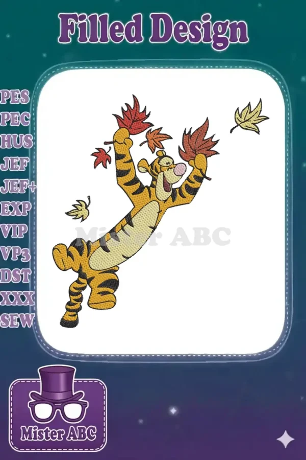 Tigger from Winnie the Pooh joyfully leaping and playing with colorful autumn leaves, an energetic embroidery design.