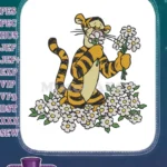 Happy Tigger holding white daisies cute cartoon embroidery designs - Instant Download