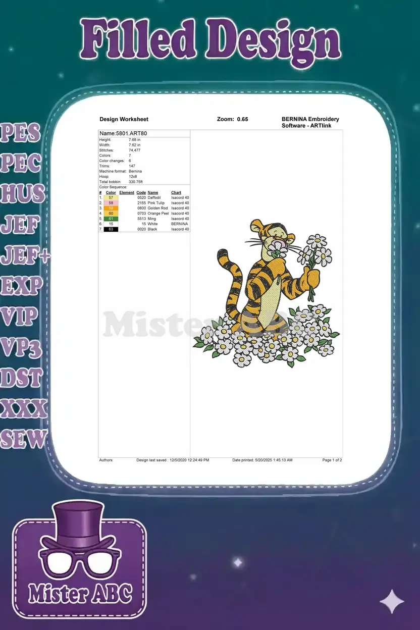 Embroidery design worksheet for Tigger with daisies, detailing dimensions, stitch count, and color sequence.