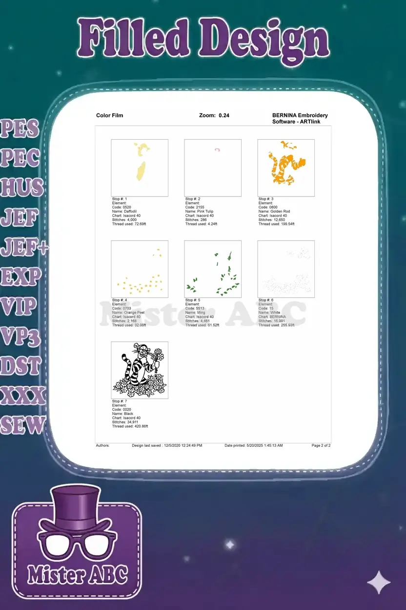 Color film breakdown of the Tigger embroidery, showing each individual color layer and stitch progress.