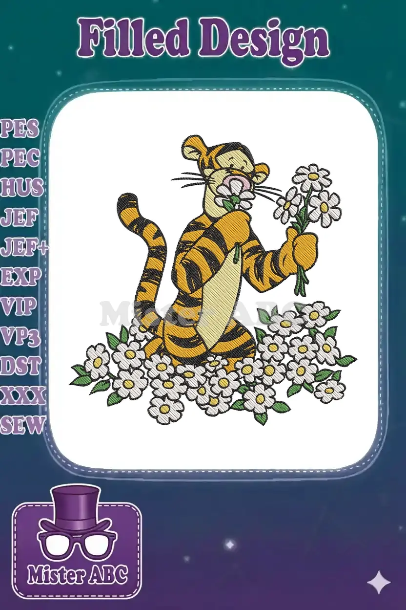 Tigger from Winnie the Pooh, kneeling in a field of white daisies, holding a fresh bouquet to his nose.