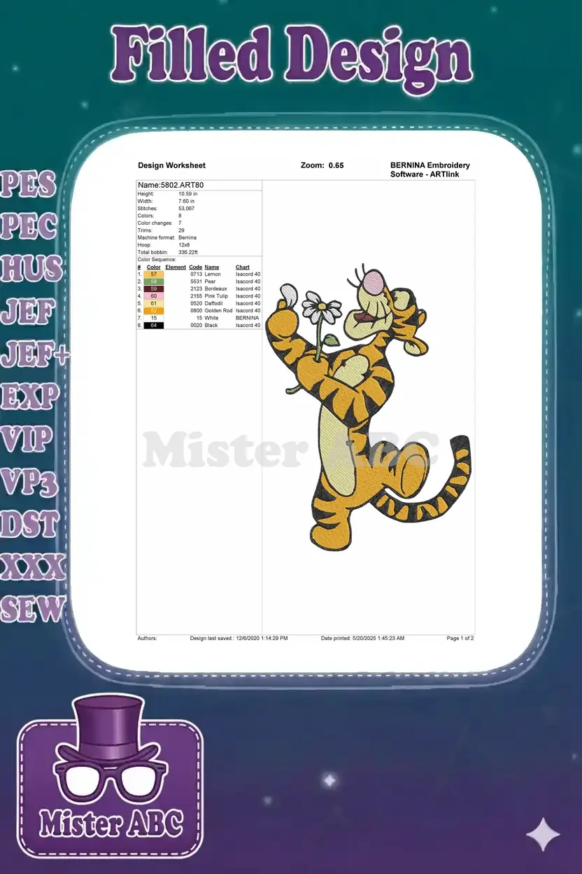 Detailed embroidery design worksheet for Tigger, showing dimensions, stitch count, and thread color chart.